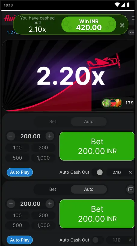 Live cashout at 2.10x multiplier